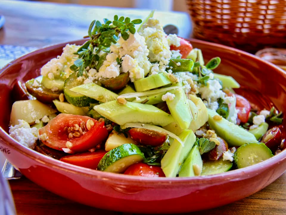 Mediterranean quinoa bowl with cucumber, tomato and feta