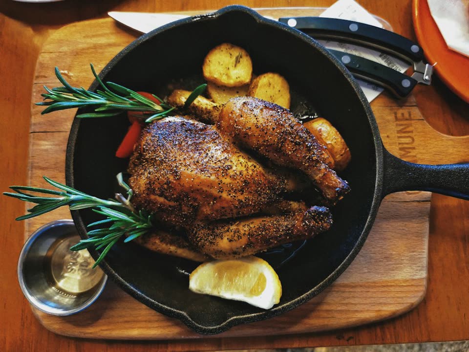 Herb-roasted chicken in a cast iron skillet