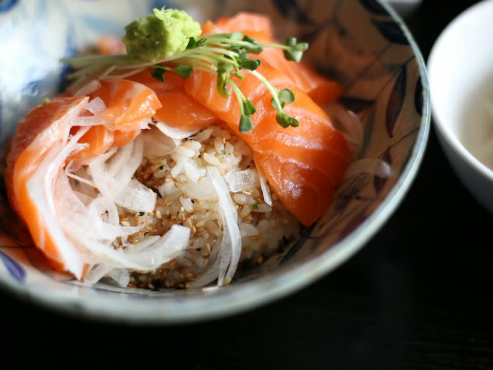 Salmon rice bowl with ginger-lime slaw