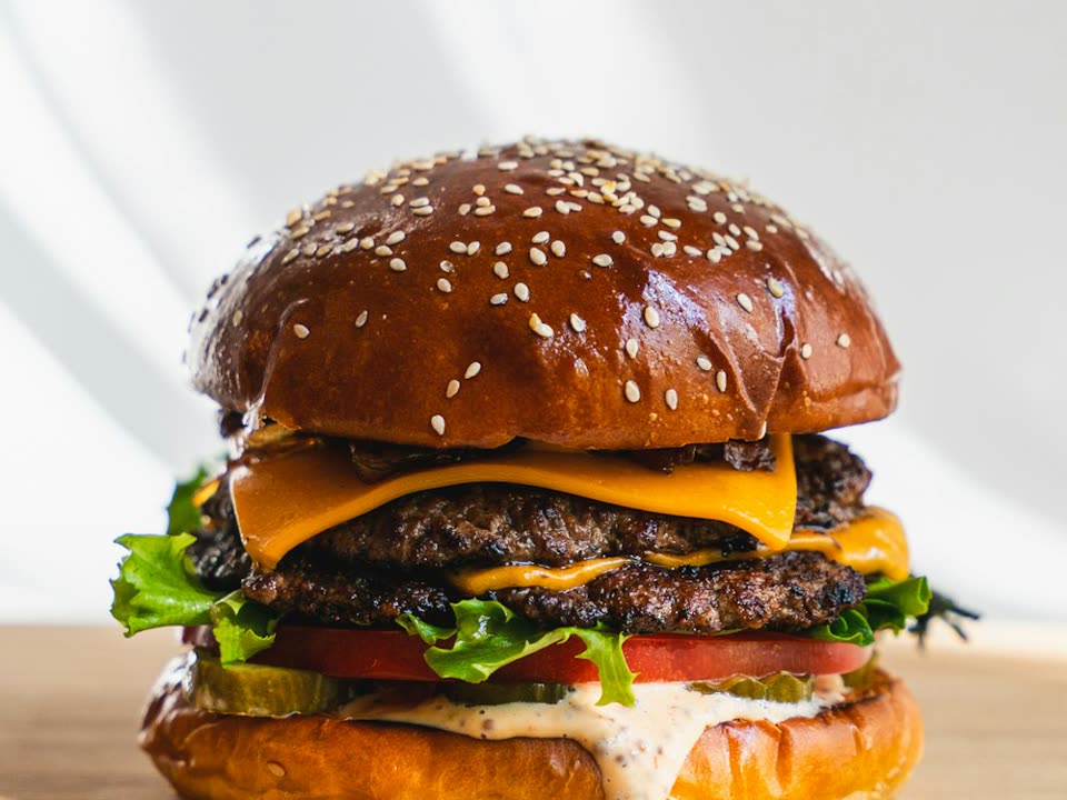 Grass-fed smash burger on a brioche bun