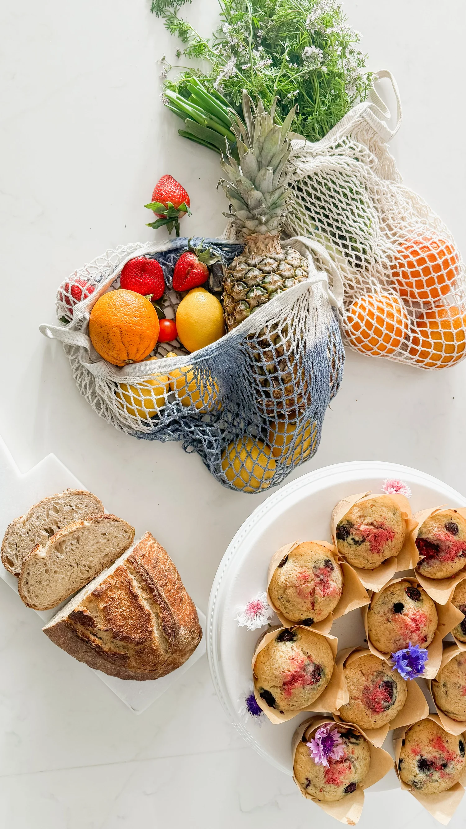 Market fruit, bread and muffins