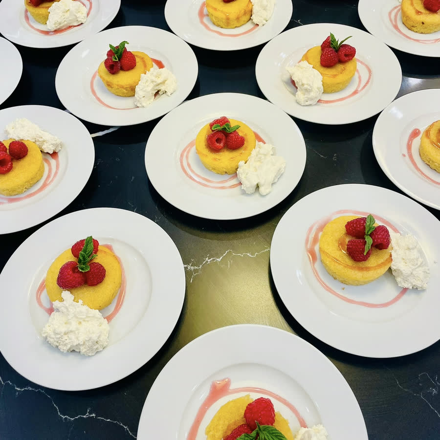 Plated dessert with raspberry